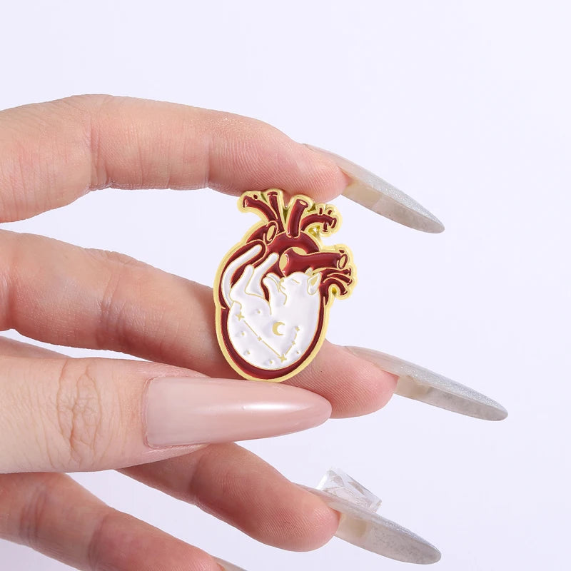 Cartoon Cat Heart Organs Enamel Pins Funny Cute Cat Human Organs Metal Brooches Backpack Lapel Badge Jewelry Gifts for Friends