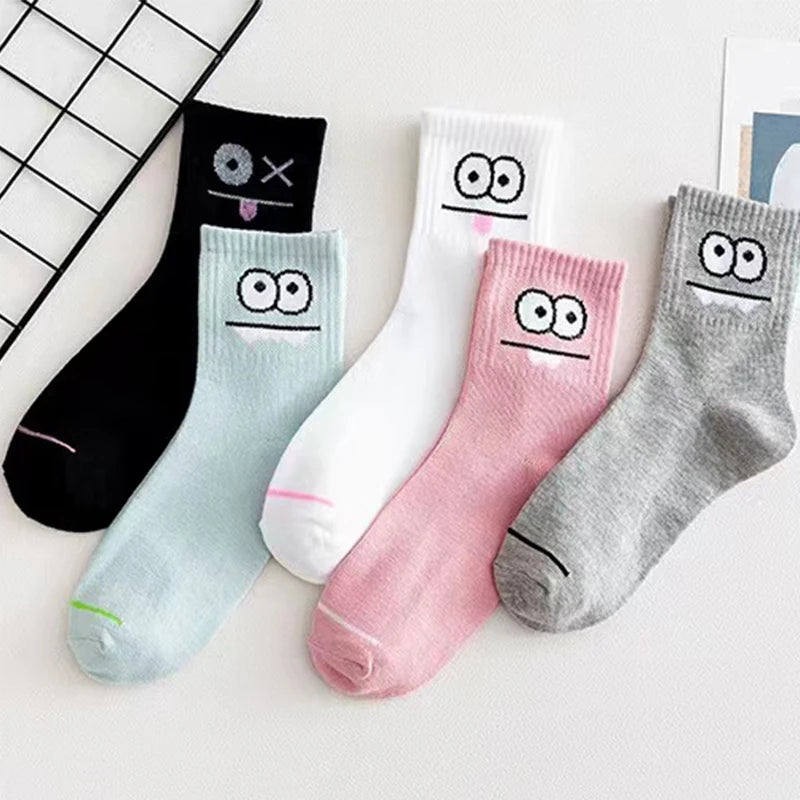 5 Pairs Cute Expression Print Socks – Comfy Funny Mid-Calf Crew Socks, All-Match Women’s Cotton Rich Casual Socks