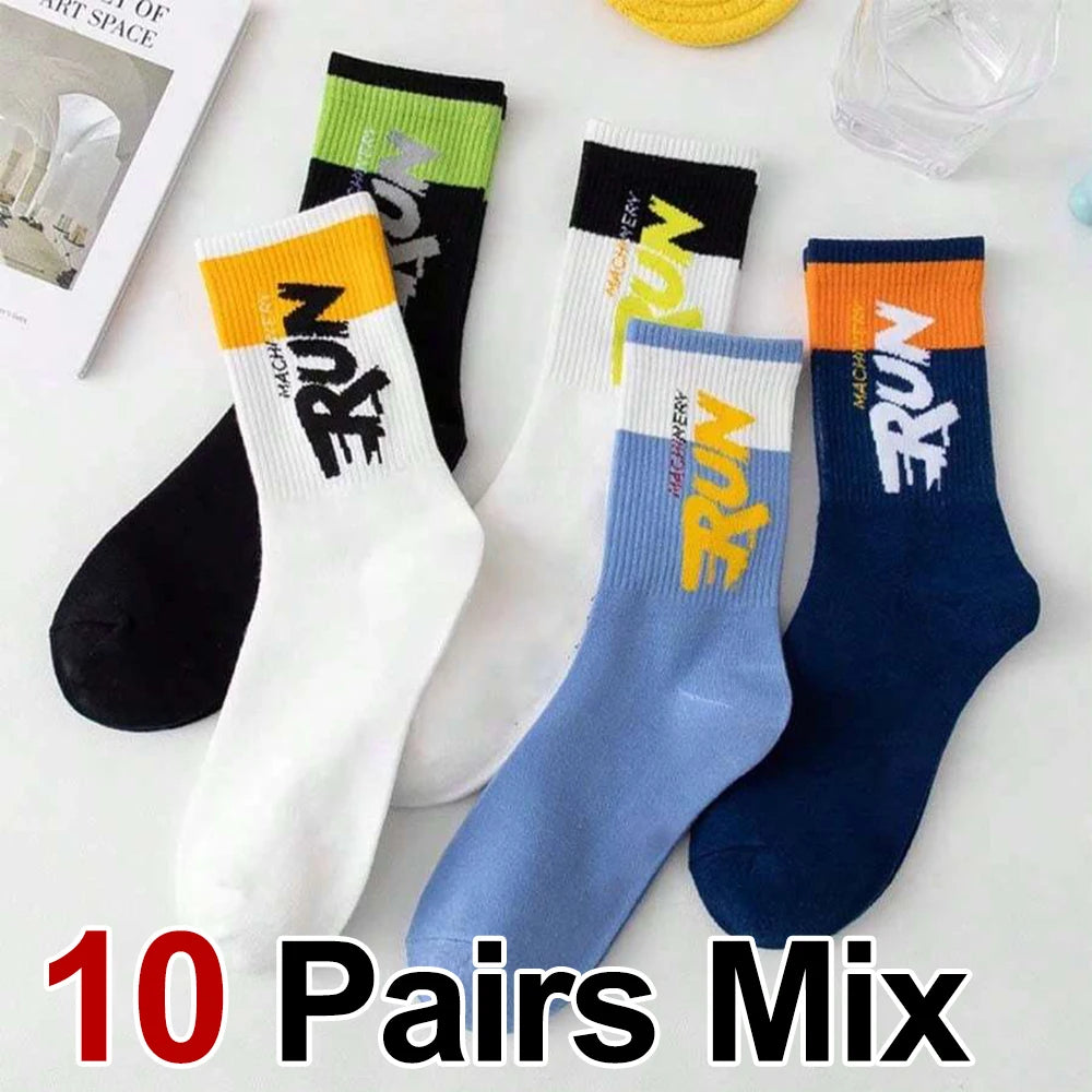 5/10/20 Pairs Men Color Blocked Round Neck Mid Tube Socks Sweat Wicking Breathable All Season Basketball Sports Casual Socks
