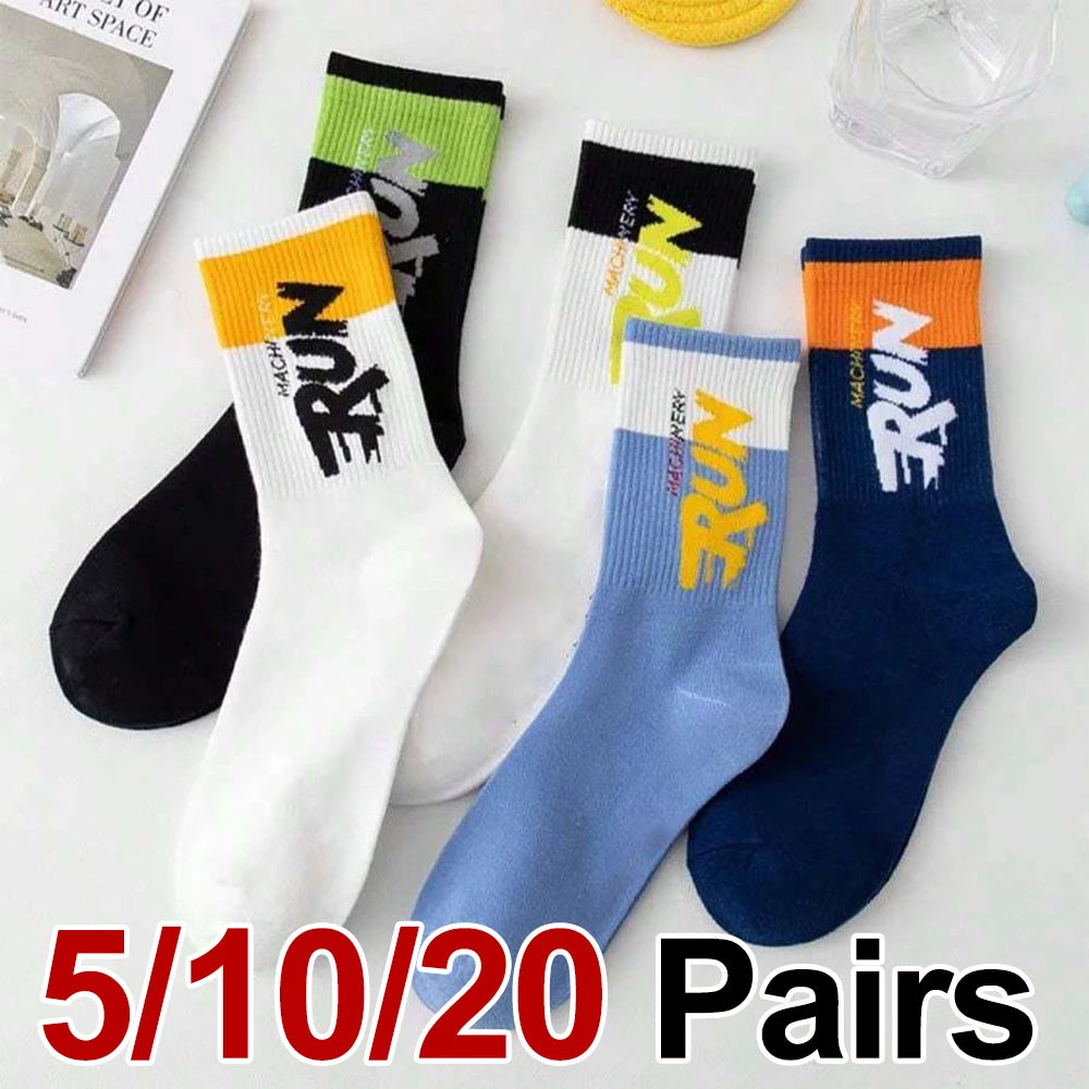 5/10/20 Pairs Men Color Blocked Round Neck Mid Tube Socks Sweat Wicking Breathable All Season Basketball Sports Casual Socks