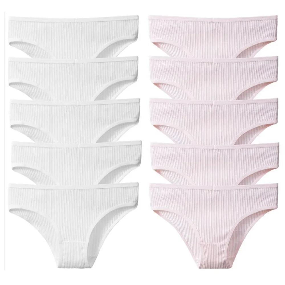 10Pcs/Set Solid Ribbed Seamless Sexy Panties Pure Cotton Breathable Underwear Low Waist Hip-covered Briefs Lingerie Wholesale