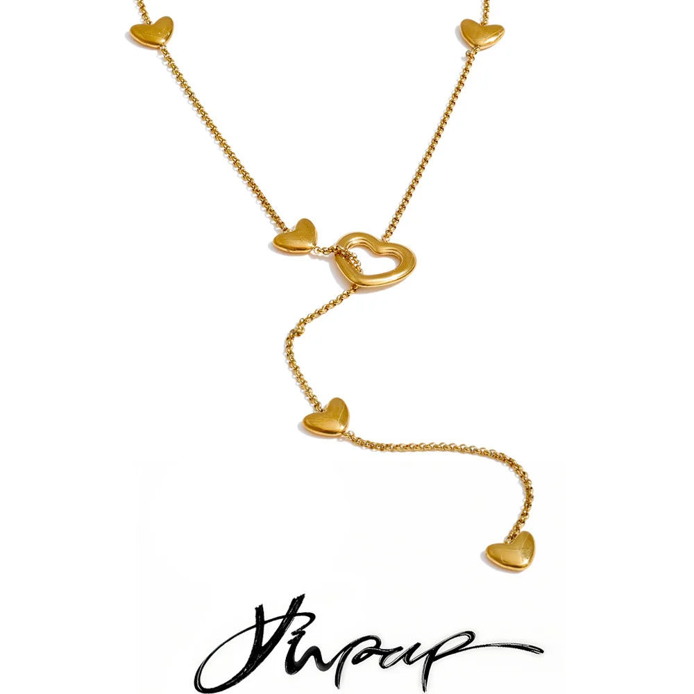 Yhpup 60+6cm Stainless Steel Removable Heart Chain Necklace for Women Charm Fashion Sweater Thin Chain Autumn Winter Jewelry