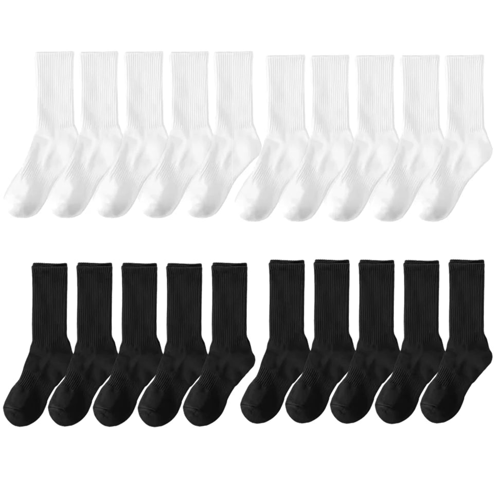 20Pairs Pure Cotton Men's High Socks Classic Black White Breathable Sweat-Absorbent Warm Elastic Sports Socks