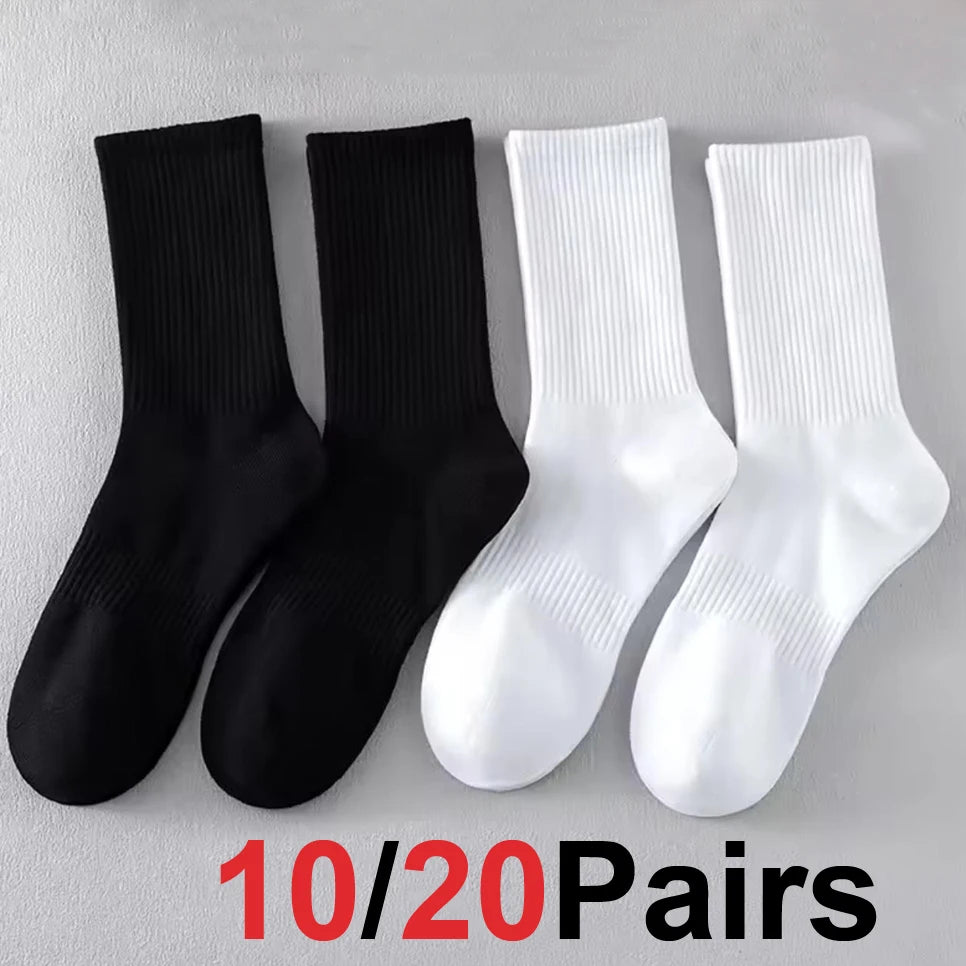 20Pairs Pure Cotton Men's High Socks Classic Black White Breathable Sweat-Absorbent Warm Elastic Sports Socks