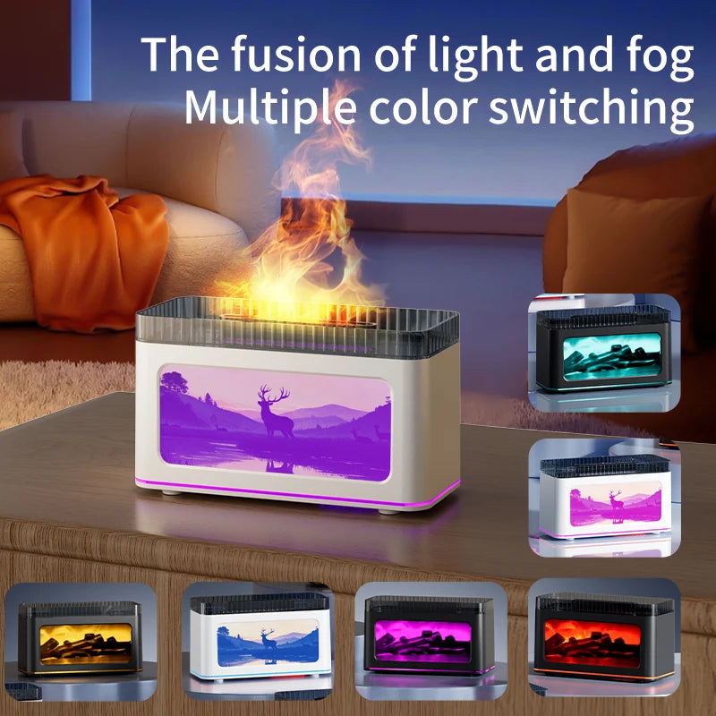 200ml Charcoal Fire Pattern Humidifier with Color-Changing Glow Quiet Mist 7-color ambient lighting for Bedroom or Desk