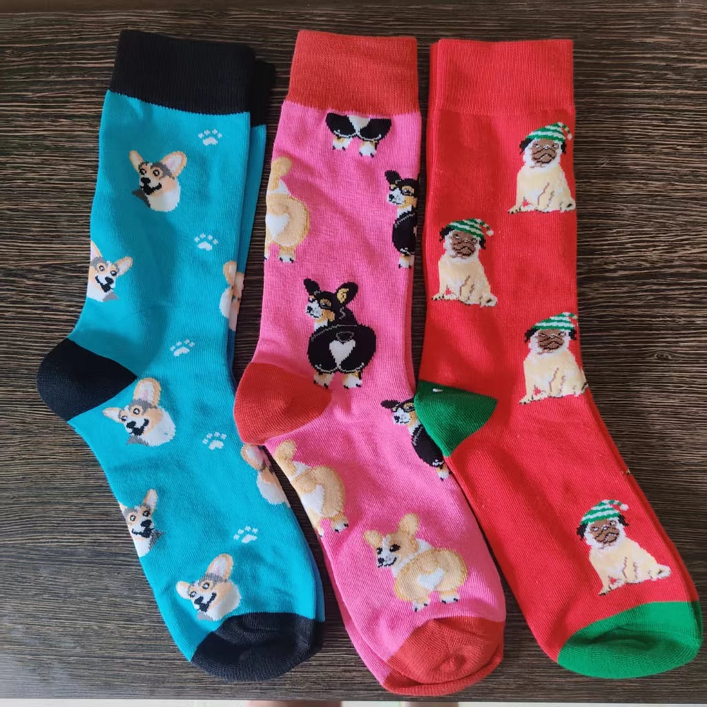 Funny Dog Pattern Cotton Men Crew Sock Corgi Pug Lover Gift Men Husband Cute Street Socks Novelty Funky Pink Blue Red Birthday