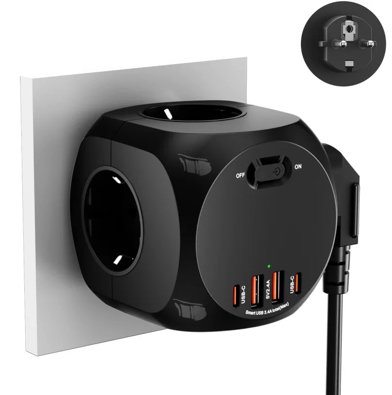 4000W EU Plug Power Strip Cube with 4 Outlets 4 USB Ports European Multiple socket adapter Wall charge ON/OFF Switch for home