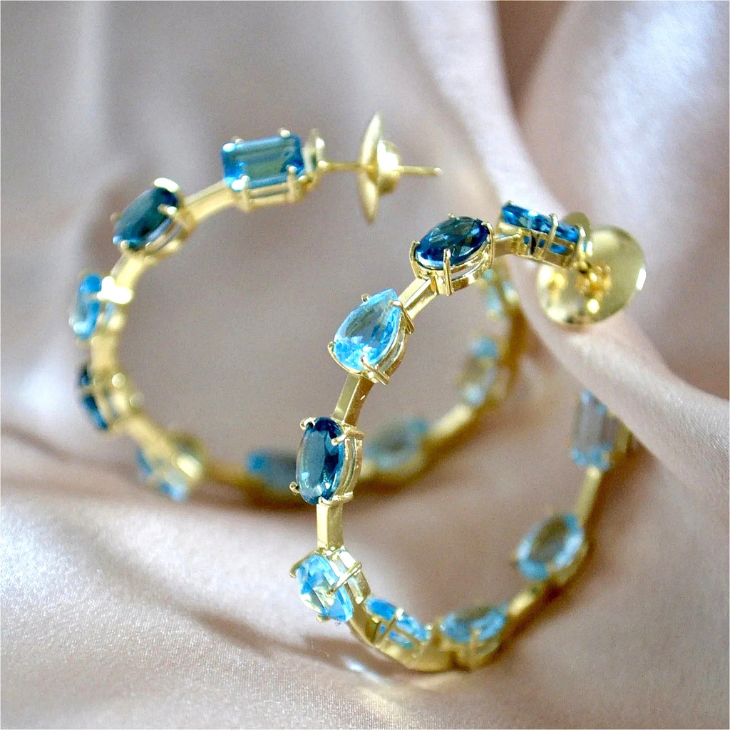 Fashion Blue Synthetic Zirconia Inlaid C-shaped Golden Plated Hoop Earrings for Women's Elegant Exquiaite Banquet Jewelry Crafts