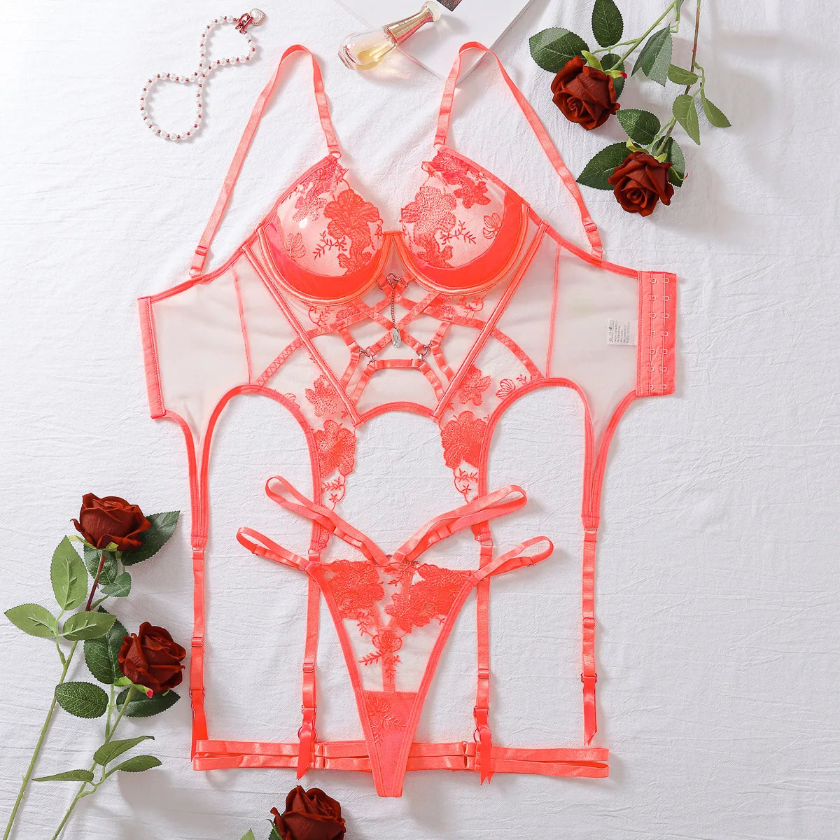 Ellolace Sexy Women's Lingerie Sets Sissy Corset Thong 2PC with Leg Circles Fantasy Neon Orange Women Underwear