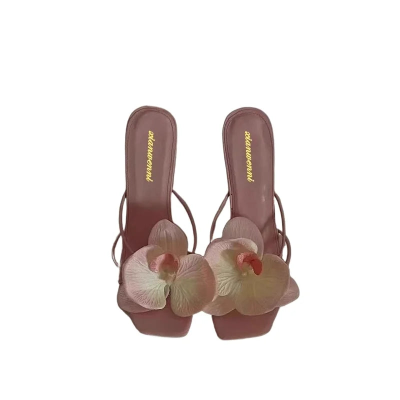 Brand Shoes Female Summer New Style Elegant Flowers Design Women's Slippers Casual Fashionable Outer Wear High Heel Slides Women