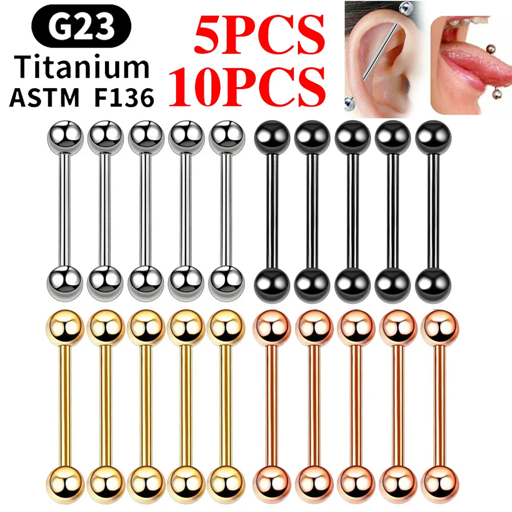 5/10PCS G23 Titanium External Internal Thread Piercing Body Jewelry Long Industrial Barbell Tongue Ring Nipple Bar 14G 16G