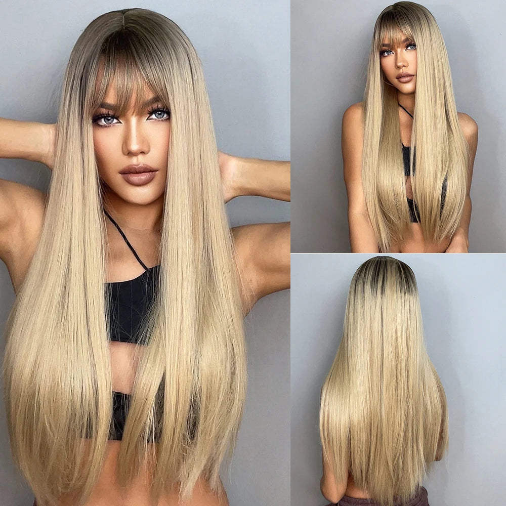 ALAN EATON Cosplay Silver Gray Synthetic Wig for Women Natural Long Silk Straight Wigs With Bangs for Women Girl Heat Resistant