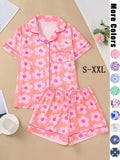 Floral printed pajama set comfortable button up cardigan lapel short sleeved top elastic waistband shorts women's home wear