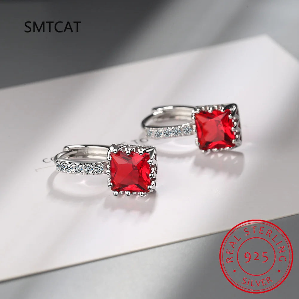 Princess Cut Created Pink Sapphire 925 Sterling Silver Square Hoop Earrings for Women Fashion Statement Gemstone Jewelry Huggies