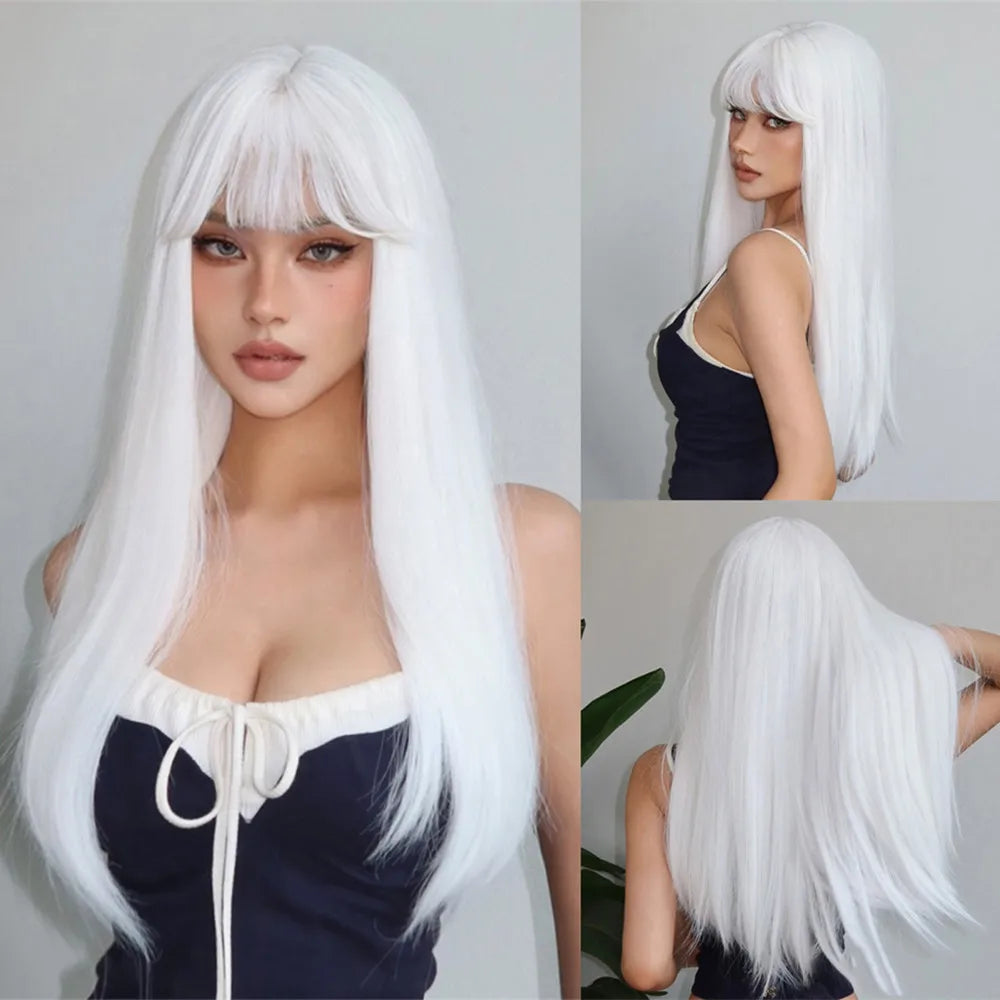 ALAN EATON Cosplay Silver Gray Synthetic Wig for Women Natural Long Silk Straight Wigs With Bangs for Women Girl Heat Resistant