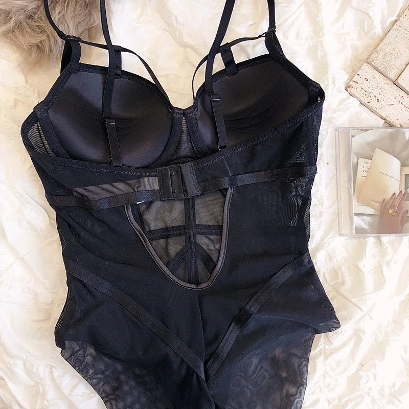 Sexy Bodysuit Women Onesies Lingerie Classic Bandage Lace Push Up Bra Set Summer Mesh Transparent Bodycon Adjustable Strap Bras