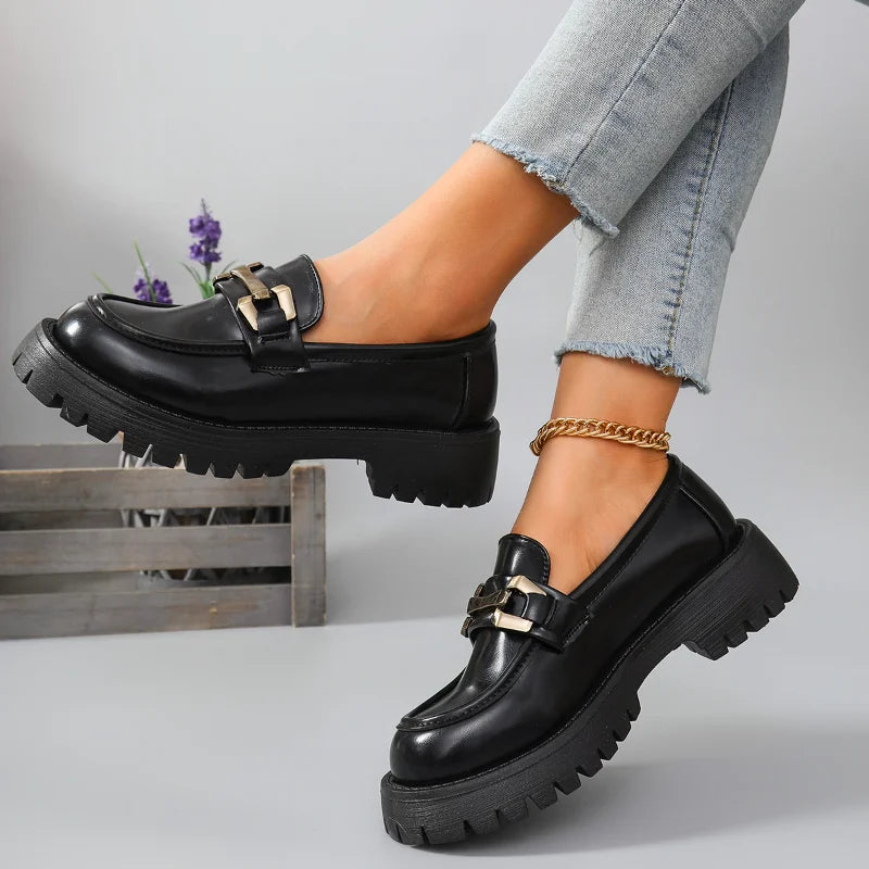 2026 Female Shoes Women Fashion Mary Janes Round Toe Flats Loafers Oxfords Platform Casual Metal Chain Buckle Ladies Heels Black