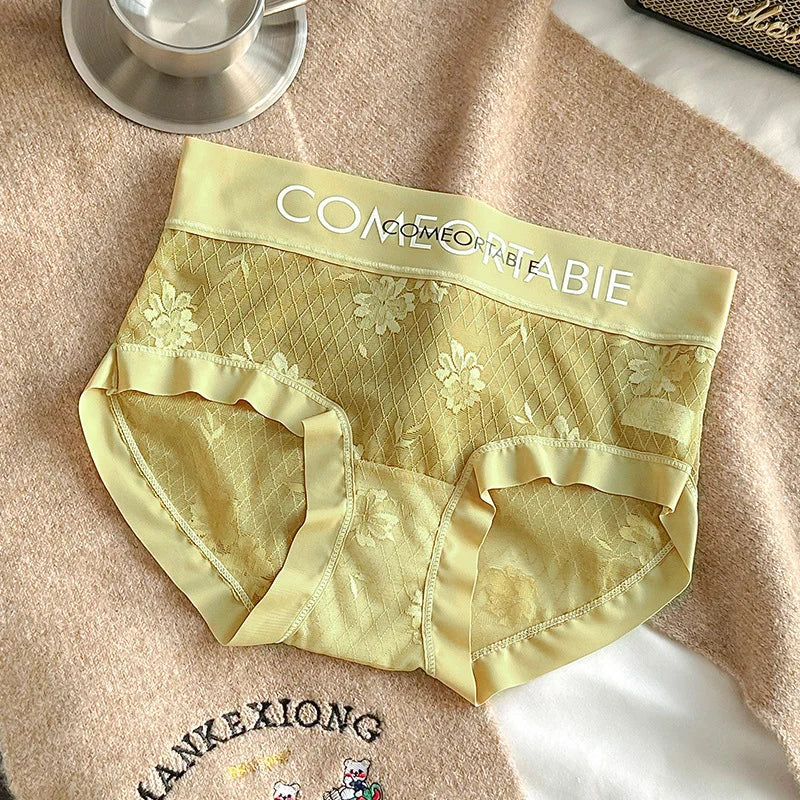 3PCS Women Sexy Lace Panties Mulberry Silk Antibacterial Hollow Out Underwear Plus Size Floral Perspective Briefs