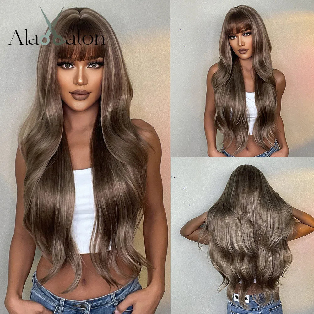 ALAN EATON Cosplay Silver Gray Synthetic Wig for Women Natural Long Silk Straight Wigs With Bangs for Women Girl Heat Resistant
