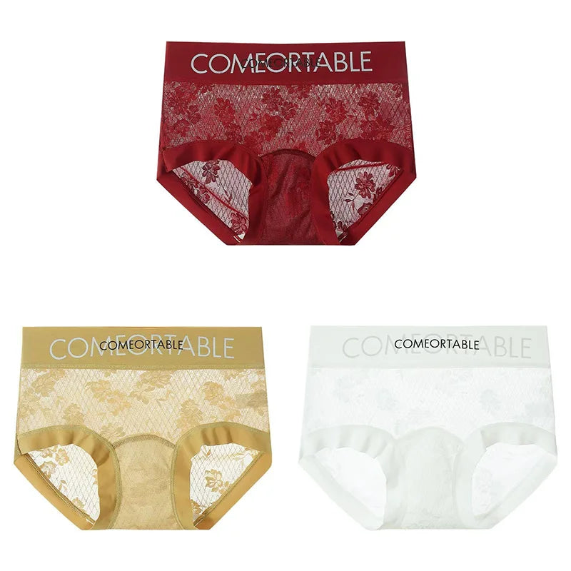 3PCS Women Sexy Lace Panties Mulberry Silk Antibacterial Hollow Out Underwear Plus Size Floral Perspective Briefs