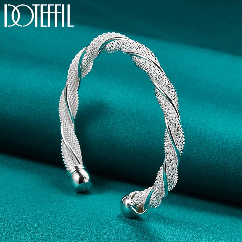 DOTEFFIL 925 Silver Sterling Mesh Wide Braided Bangle Wristband Bracelet For Women Man Jewelry Bijoux Punk Jewelry
