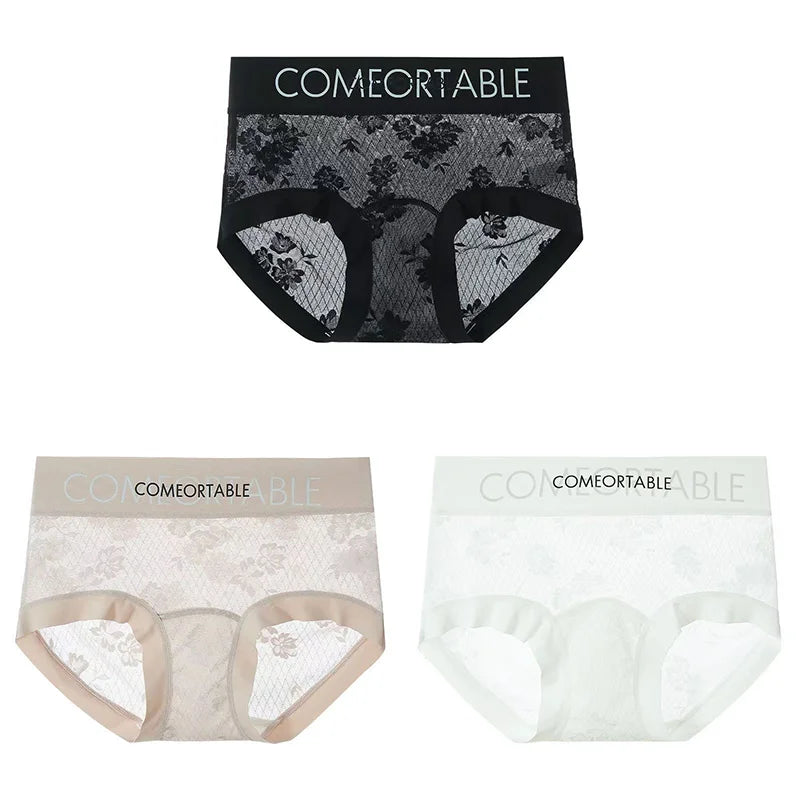 3PCS Women Sexy Lace Panties Mulberry Silk Antibacterial Hollow Out Underwear Plus Size Floral Perspective Briefs