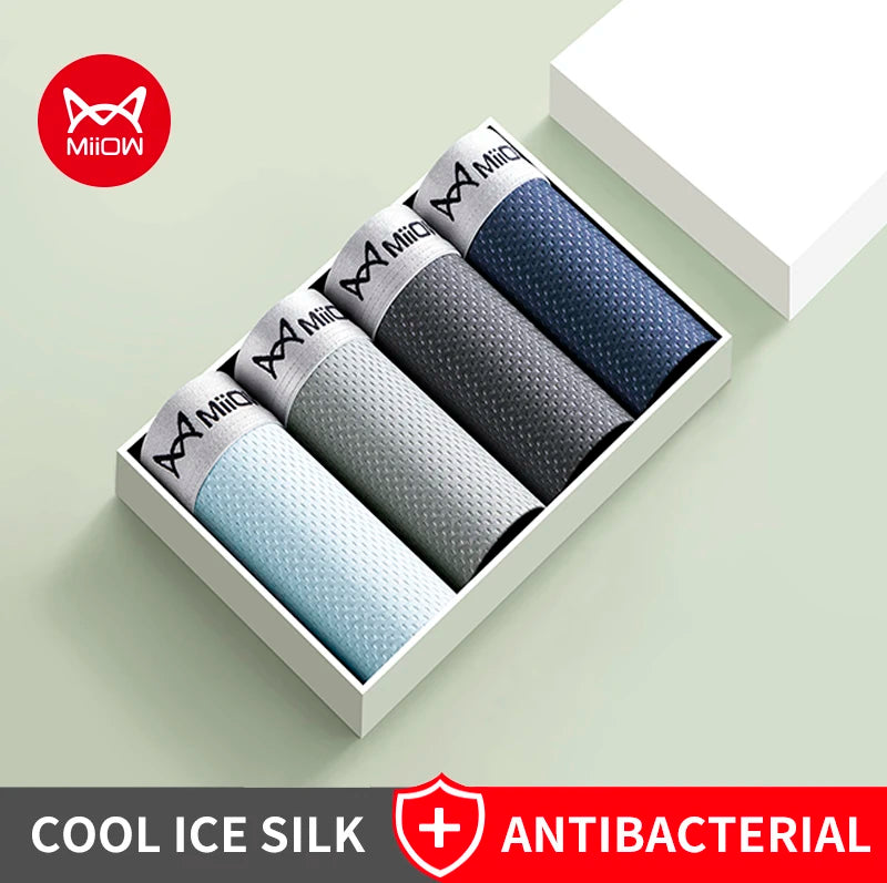 MiiOW 4Pcs Ice Silk Men Underwear Boxer 7A Cotton Antibacterial Crotch Men's Panties Breathable Mesh Summer Man Underpants Boxer