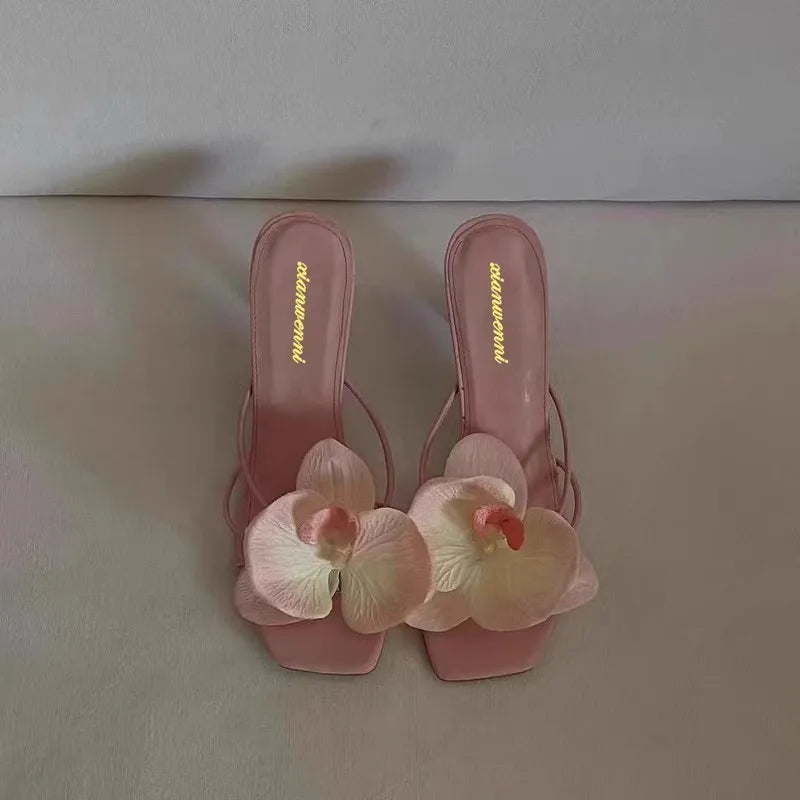 Brand Shoes Female Summer New Style Elegant Flowers Design Women's Slippers Casual Fashionable Outer Wear High Heel Slides Women