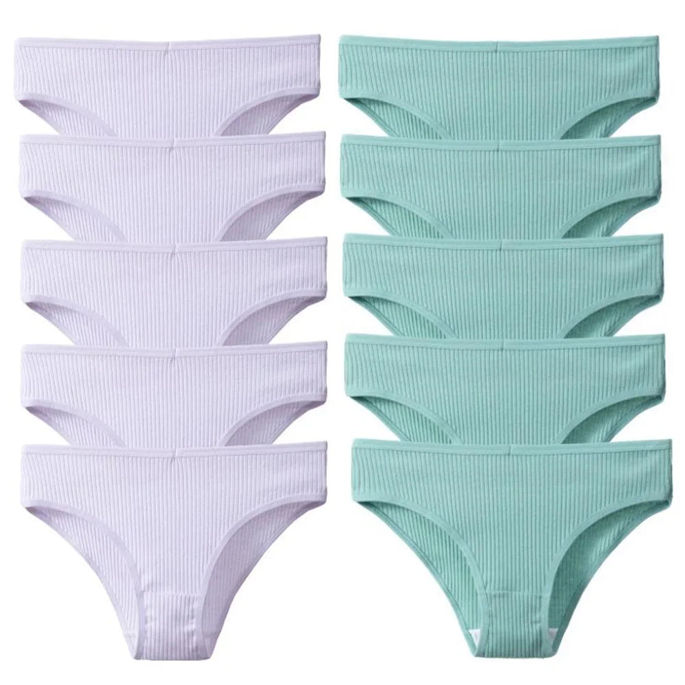 10Pcs/Set Solid Ribbed Seamless Sexy Panties Pure Cotton Breathable Underwear Low Waist Hip-covered Briefs Lingerie Wholesale