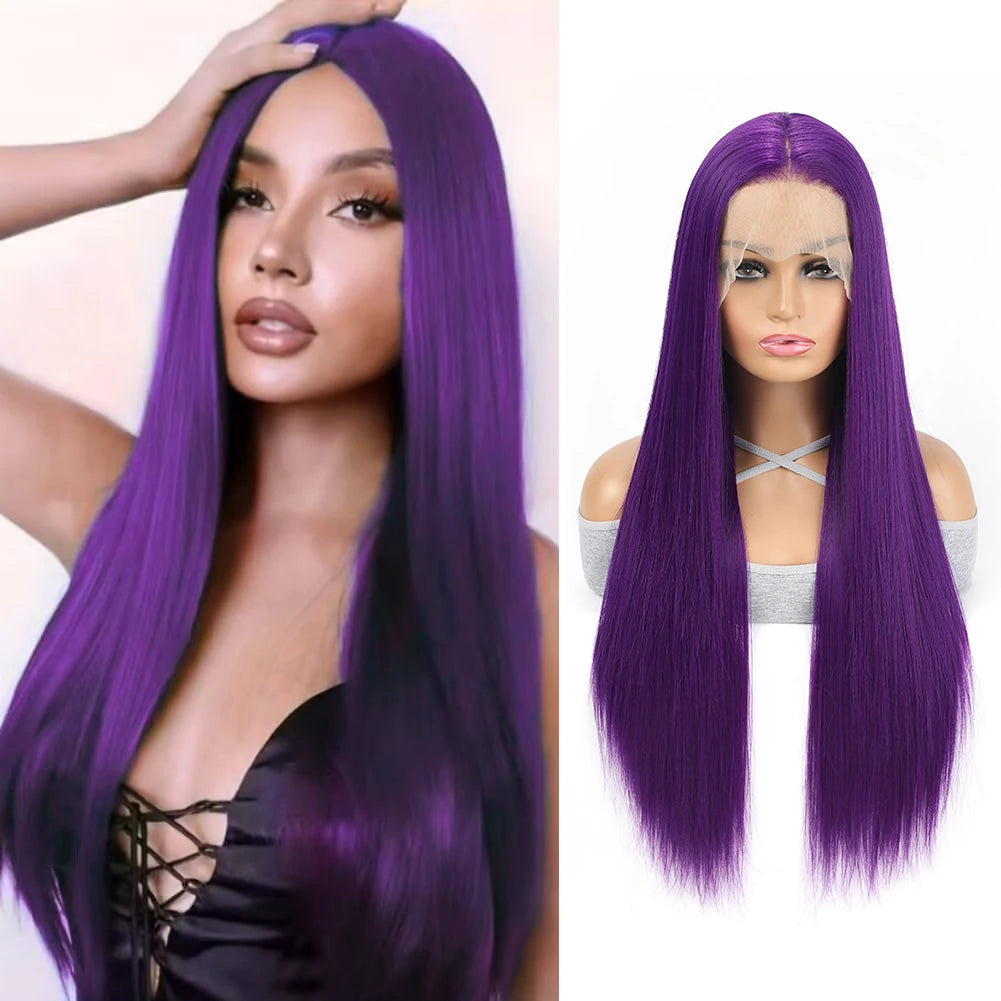 13X4 HD Lace Front Straight Wig Invisible Transparent Frontal Wig Long Straight PrePlucked Hairline Swiss-Lace Synthetic Wigs  (