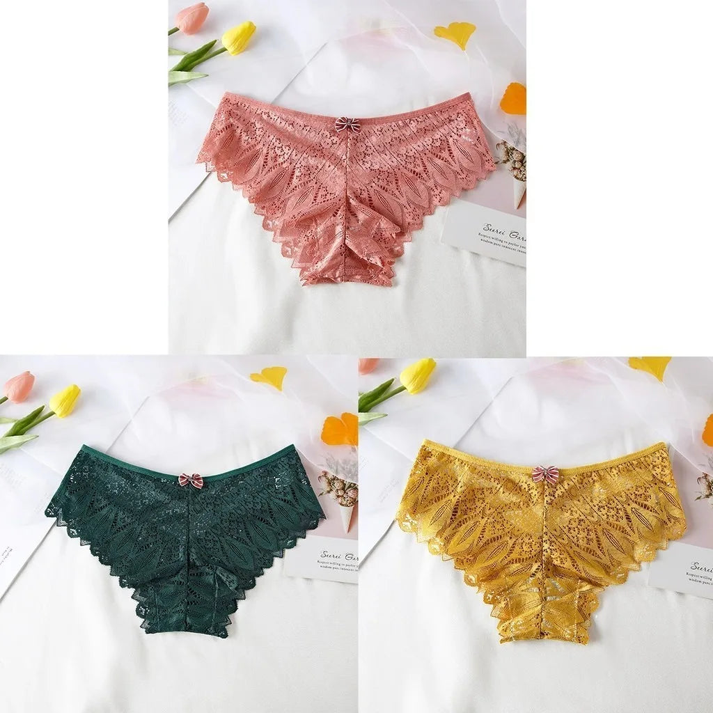 3pcs Women Panties Hollow Out Mid Waist Lace Panties Seamless Tummy Control Cross Sexy Briefs S-XL Underwear