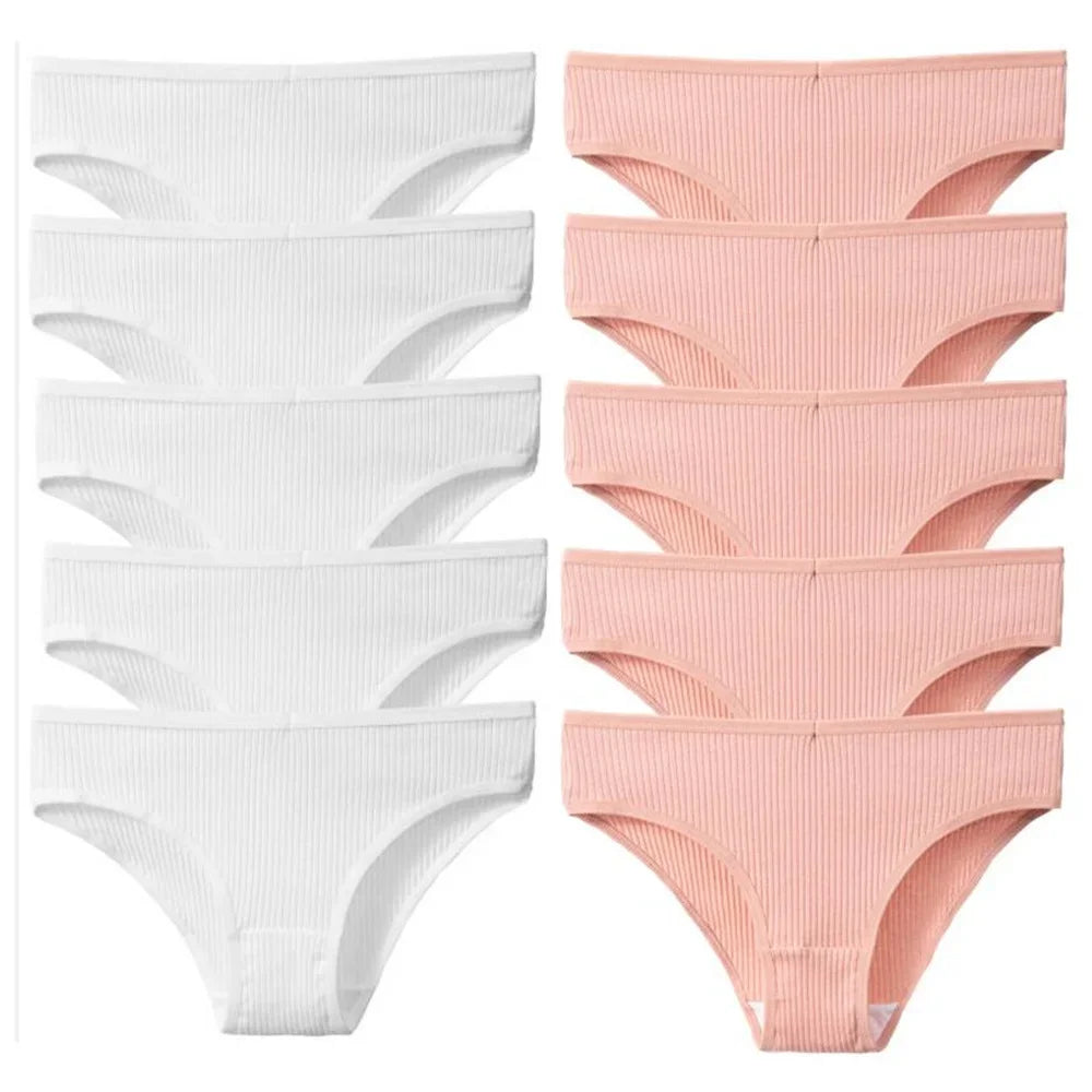 10Pcs/Set Solid Ribbed Seamless Sexy Panties Pure Cotton Breathable Underwear Low Waist Hip-covered Briefs Lingerie Wholesale