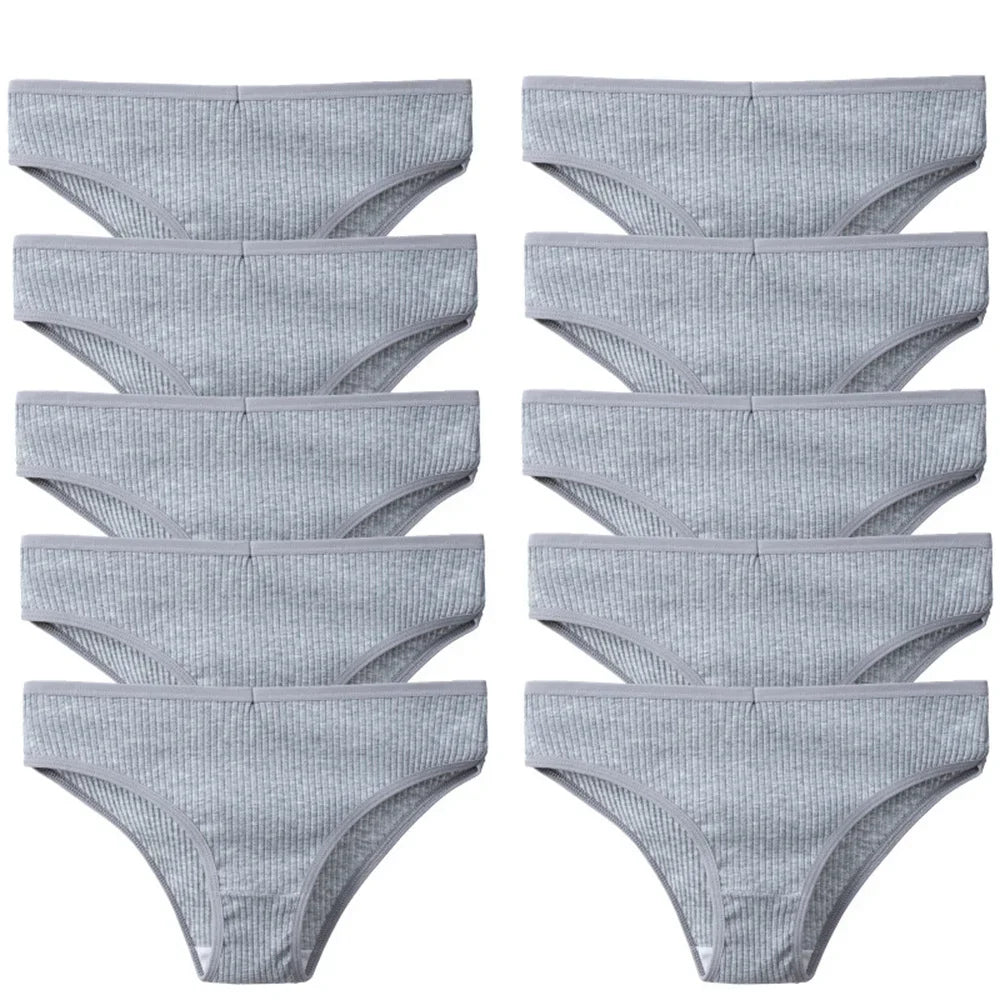 10Pcs/Set Solid Ribbed Seamless Sexy Panties Pure Cotton Breathable Underwear Low Waist Hip-covered Briefs Lingerie Wholesale