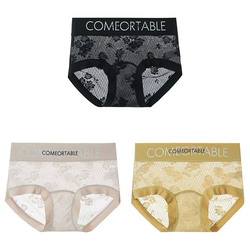 3PCS Women Sexy Lace Panties Mulberry Silk Antibacterial Hollow Out Underwear Plus Size Floral Perspective Briefs