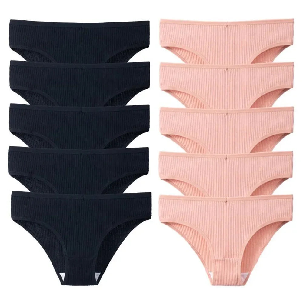 10Pcs/Set Solid Ribbed Seamless Sexy Panties Pure Cotton Breathable Underwear Low Waist Hip-covered Briefs Lingerie Wholesale