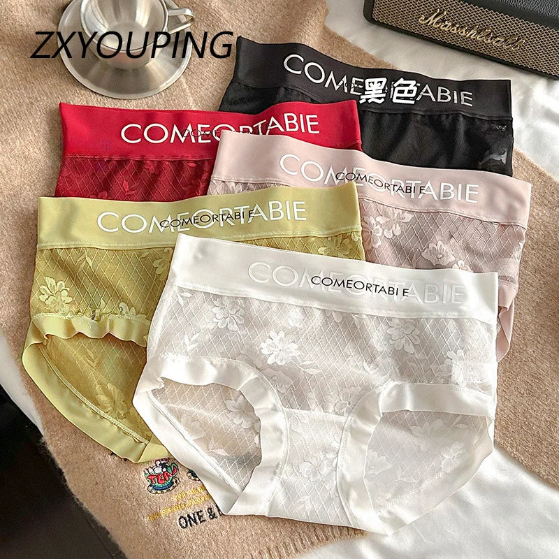 3PCS Women Sexy Lace Panties Mulberry Silk Antibacterial Hollow Out Underwear Plus Size Floral Perspective Briefs