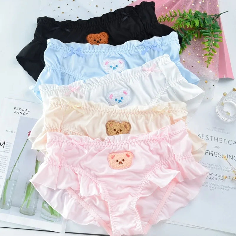 Cute Lovely Sweety Women Japanese Style Princess Lolita Bow Cartoon Bear Embroidery Milk Silk Panties  Underwear