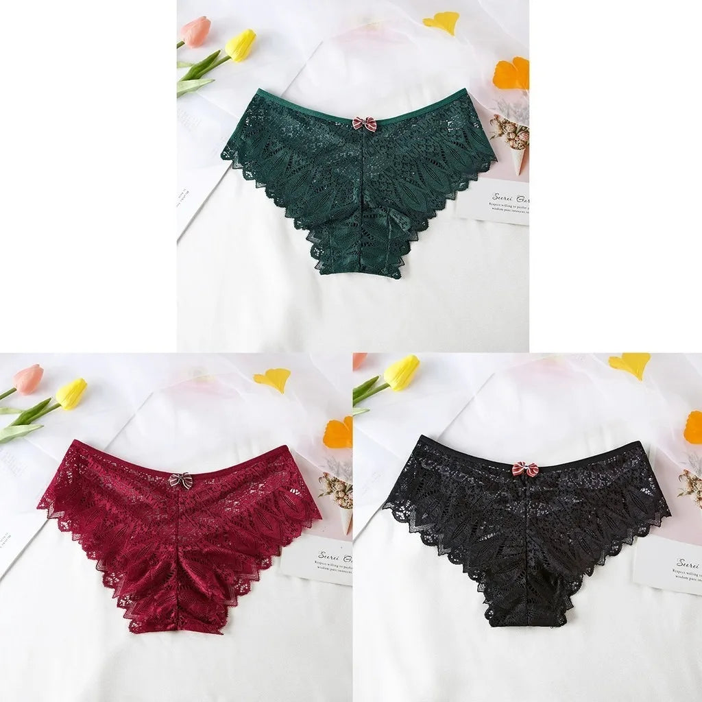3pcs Women Panties Hollow Out Mid Waist Lace Panties Seamless Tummy Control Cross Sexy Briefs S-XL Underwear
