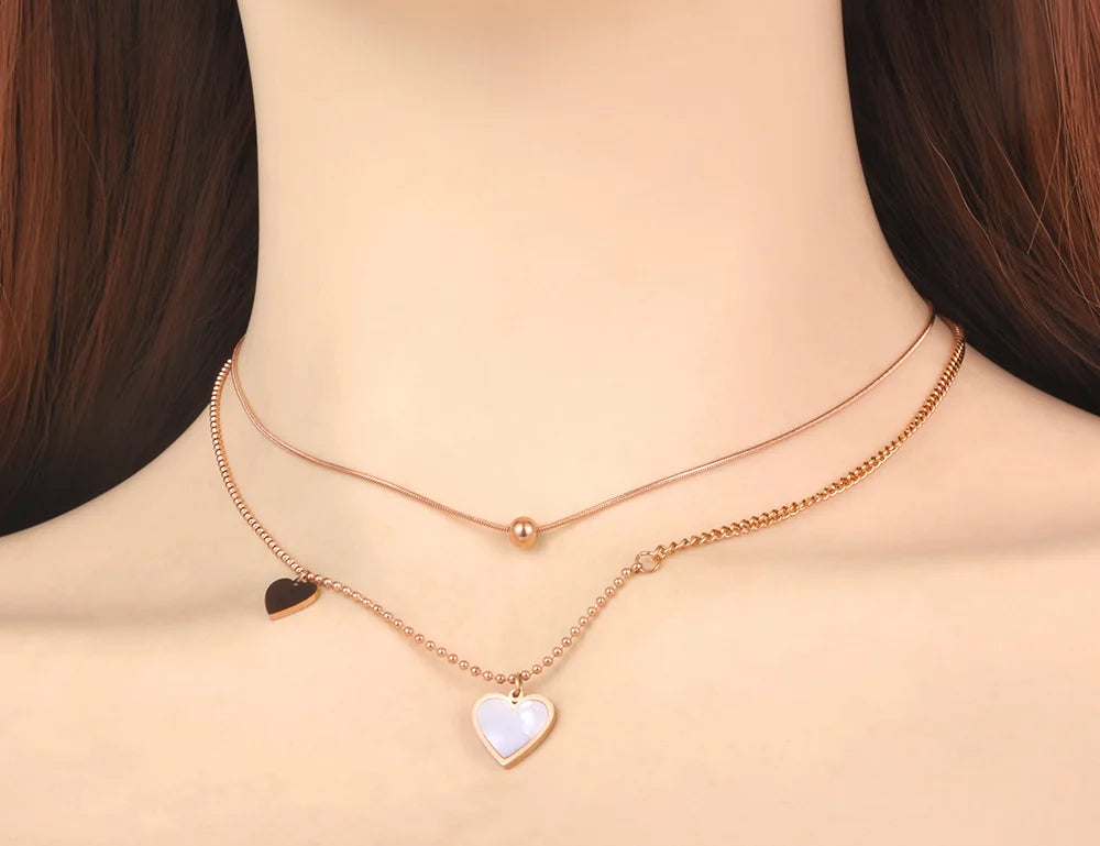 Lokaer Double Layer Trendy Shell Heart Pendant Necklaces For Women Girls Stainless Steel CZ Crystal Chain Choker Necklace N21257