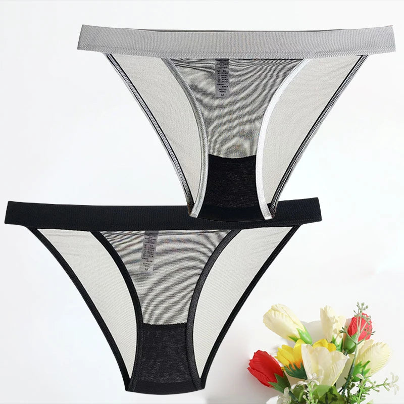Simple Mesh See Through Briefs Half-Covered Hips Sexy Lingerie Solid Hollow Seamless Panties Nude Comfort Crotch Underwear 2PCS