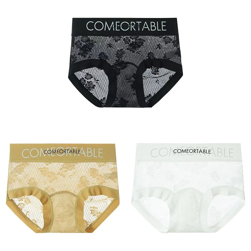 3PCS Women Sexy Lace Panties Mulberry Silk Antibacterial Hollow Out Underwear Plus Size Floral Perspective Briefs
