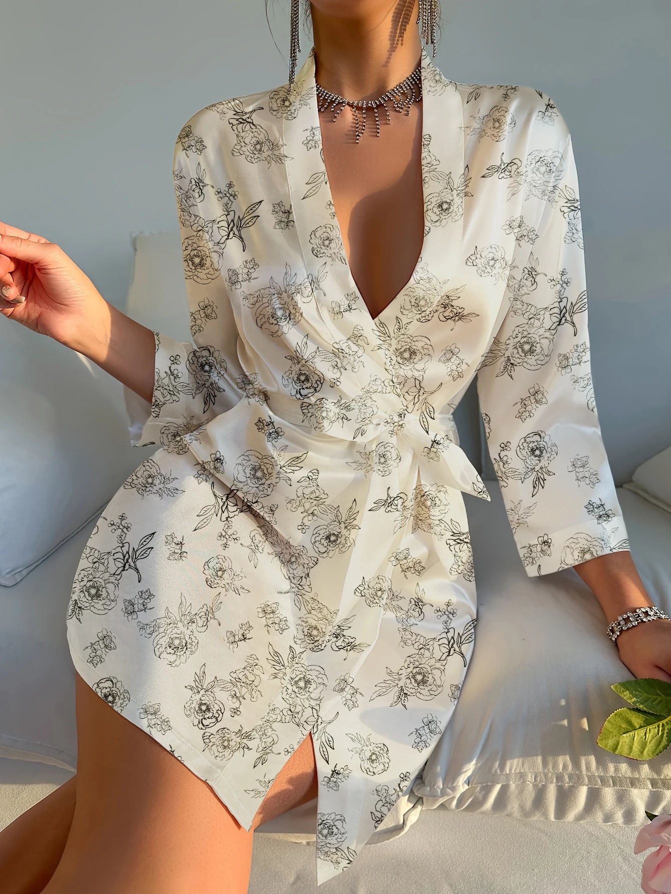 Silk Satin Floral Robe Belted Short Sheer Loungewear Lightweight Bathrobe for Home