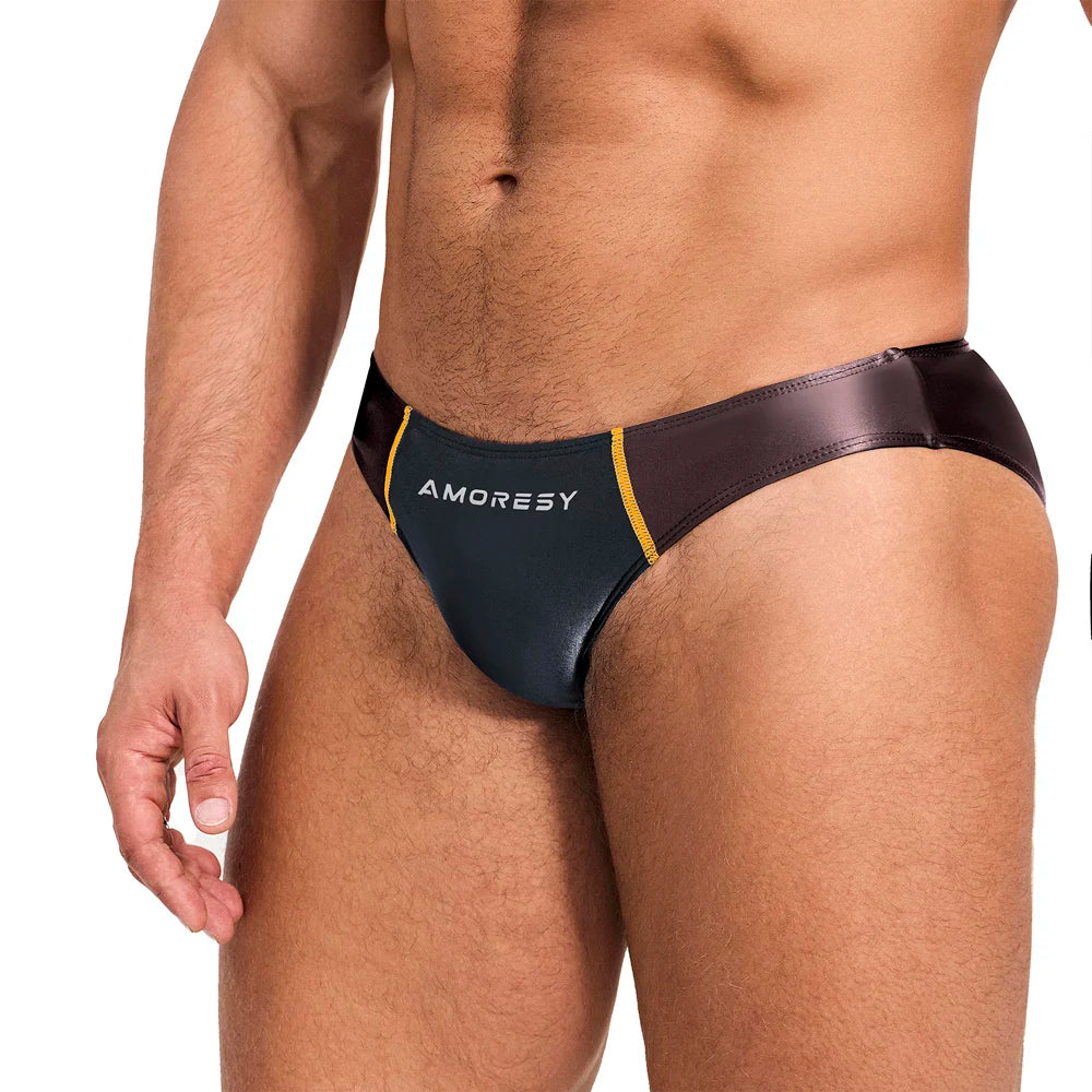AMORESY Men Spandex Swimming Trunks Matching Color, Low Waist Sexy Sports Long Tight Oily, Comfortable Silk Briefs, Briefs
