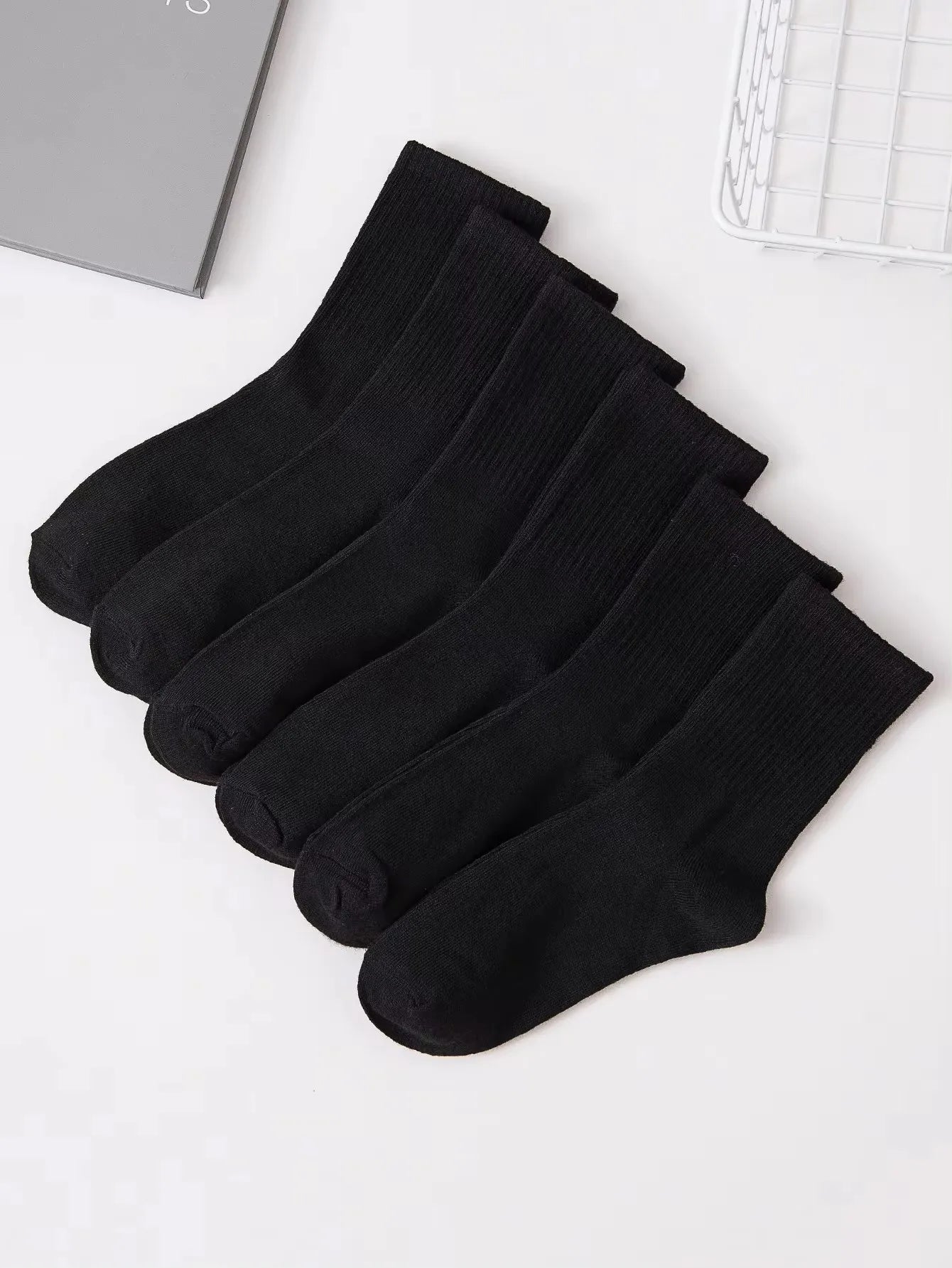 6 Pairs Women's High Tube Mid Length Stockings Set in Pure Black And White With Parallel Bars Popular and Sweat Absorption