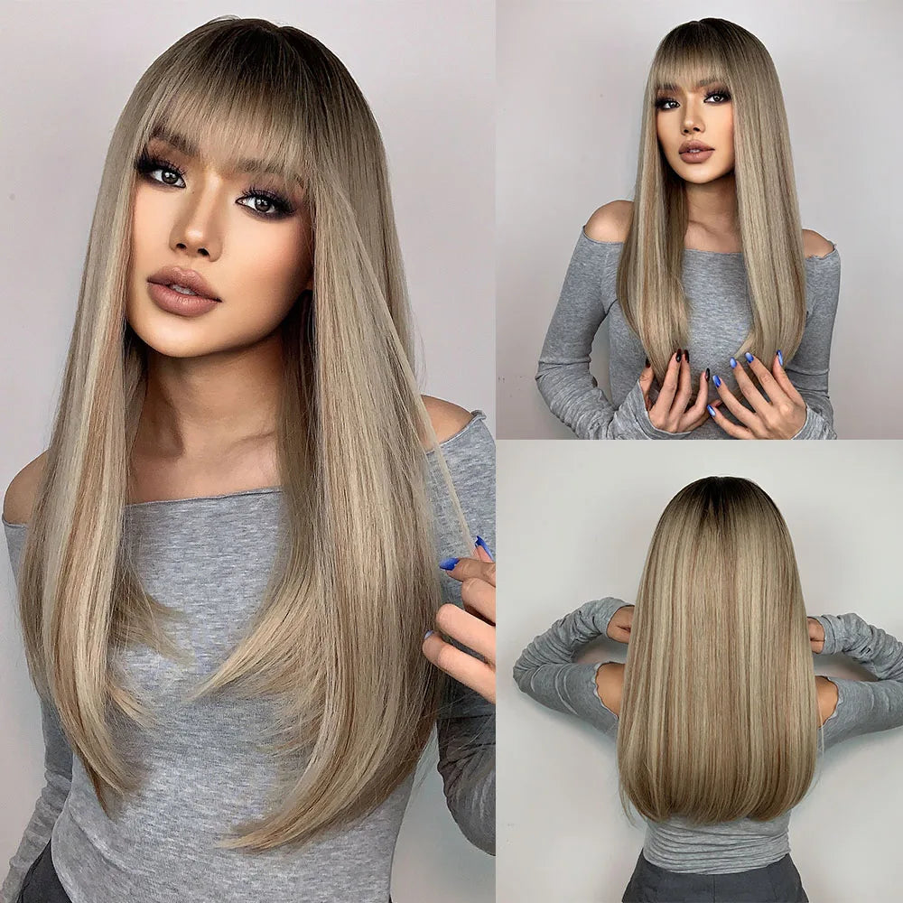 ALAN EATON Cosplay Silver Gray Synthetic Wig for Women Natural Long Silk Straight Wigs With Bangs for Women Girl Heat Resistant