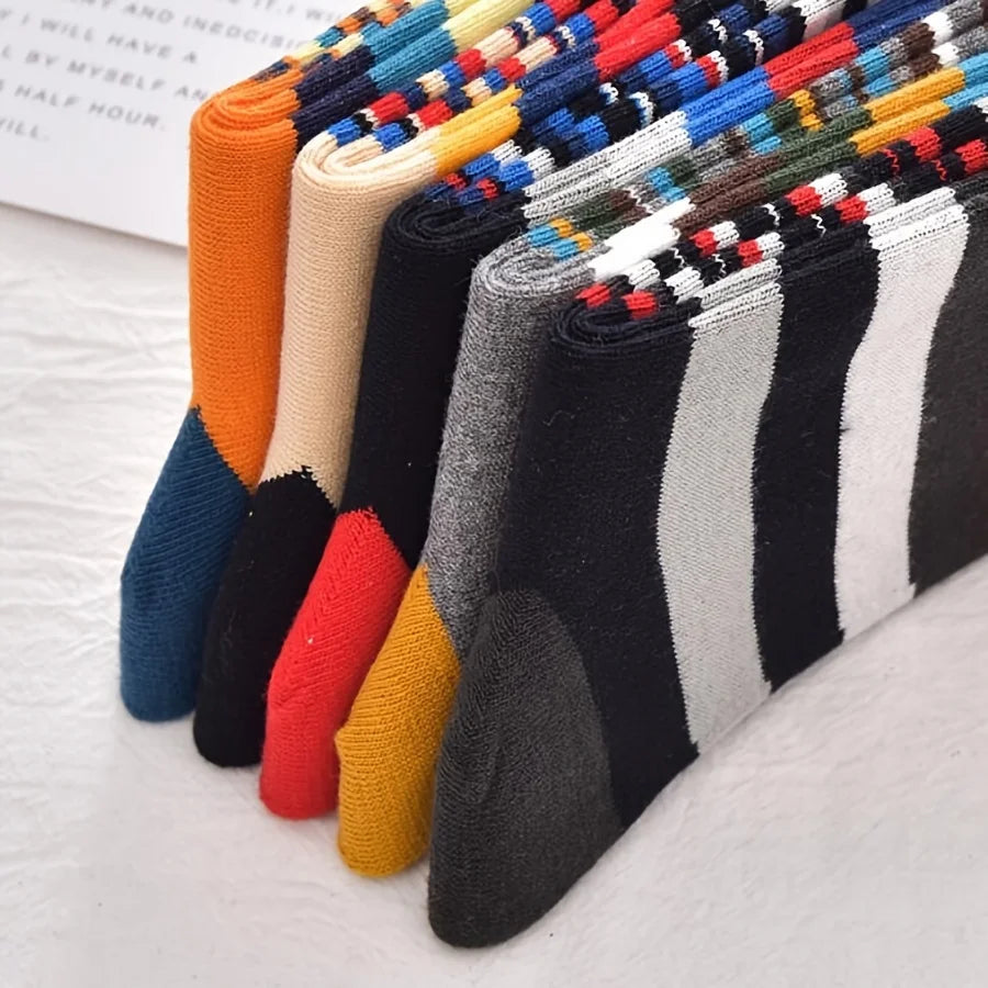 5 Pairs Autumn and Winter New Men's Socks Stripe Contrast Color Fashion Retro Trendy Ins Style Sports Leisure Tube Socks