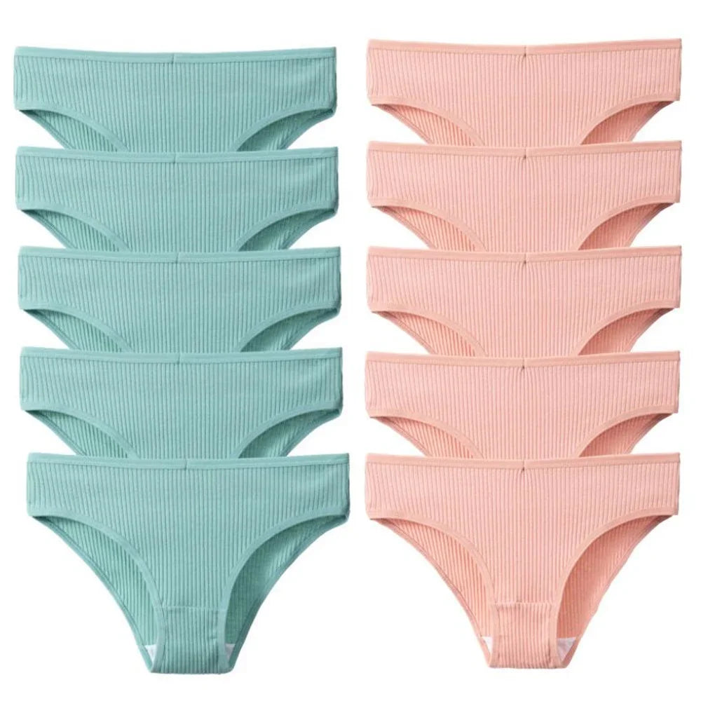 10Pcs/Set Solid Ribbed Seamless Sexy Panties Pure Cotton Breathable Underwear Low Waist Hip-covered Briefs Lingerie Wholesale
