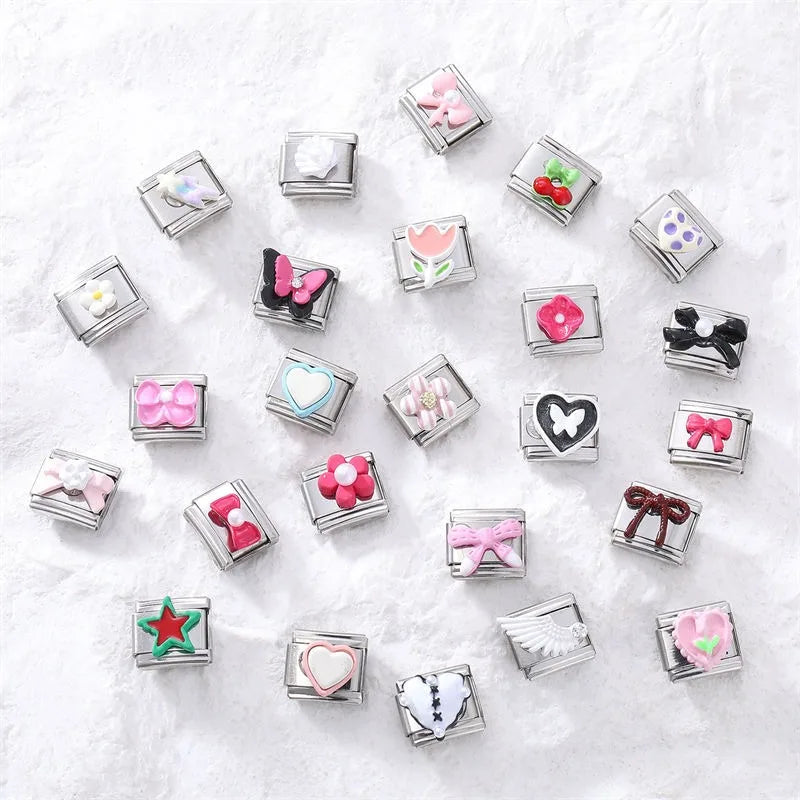 2025 Wholesale 3D Colorful Bows Flowers Love Heart Italian Charm Link fit 9mm Stainless Steel Jewelry DIY Making Bracelets Gifts