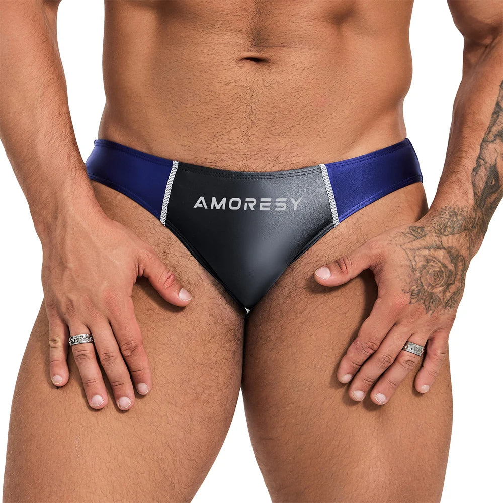 AMORESY Men Spandex Swimming Trunks Matching Color, Low Waist Sexy Sports Long Tight Oily, Comfortable Silk Briefs, Briefs