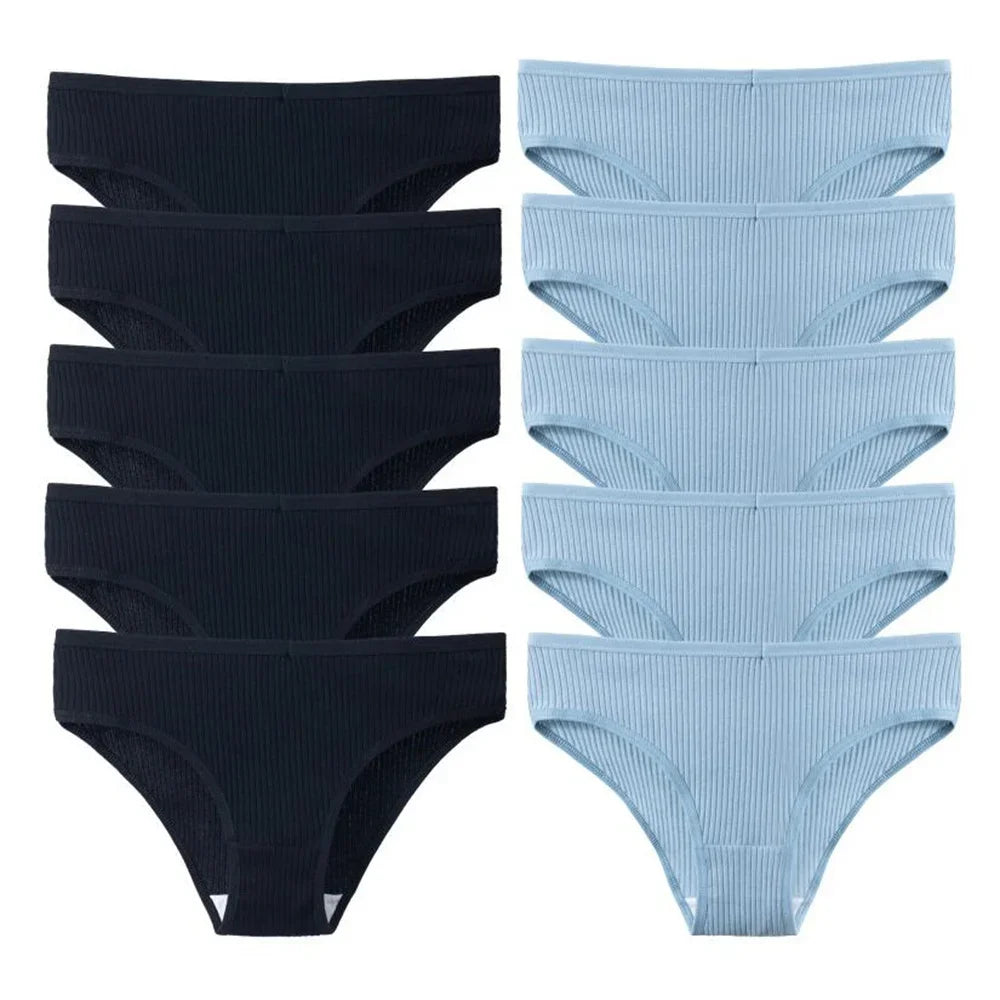 10Pcs/Set Solid Ribbed Seamless Sexy Panties Pure Cotton Breathable Underwear Low Waist Hip-covered Briefs Lingerie Wholesale